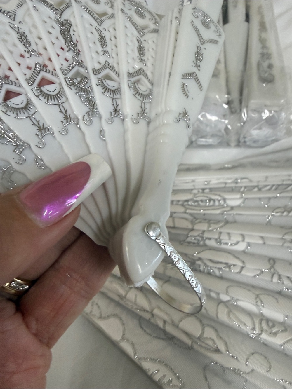 12 White Lace Folding Hand Fans with Silver Embossed Detail - Picture 5 of 9